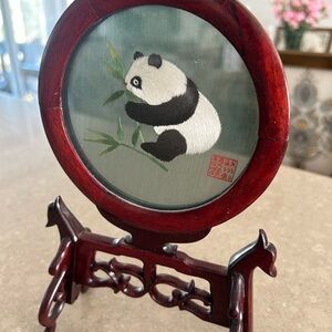 Elegant Panda Embroidery on Wooden Stand
